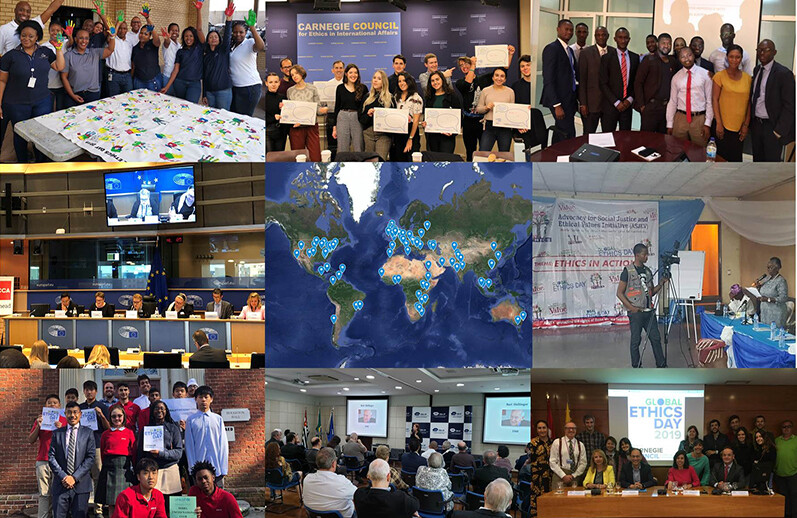 L to R from top row: Auditor General South Africa, Carnegie Council for Ethics in International Affairs, Megabank (Gambia), ACCA and CFA Institute at European Parliament (Belgium), Map of 2019 participants, Advocacy for Social Justice and Ethical Values Initiative (Nigeria), The Knox School (New York), Group of Ethics and Sustainability (Brazil), and Comillas Pontifical University (Spain).