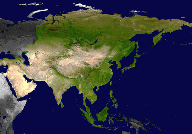 NASA satellite photo of Asia via <a href=" https://commons.wikimedia.org/wiki/Asia#/media/File:Asia_satellite_plane_shaded.jpg ">Wikimedia </a>
