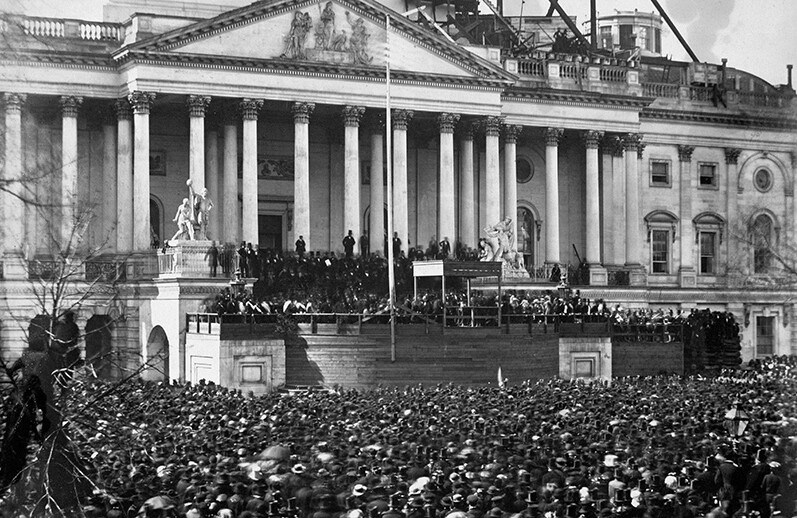 Inauguration of President Abraham Lincoln, March 4, 1861. CREDIT: <a href=https://commons.wikimedia.org/wiki/File:Abraham_Lincoln_inauguration_1861.jpg>Library of Congress (CC)</a>.