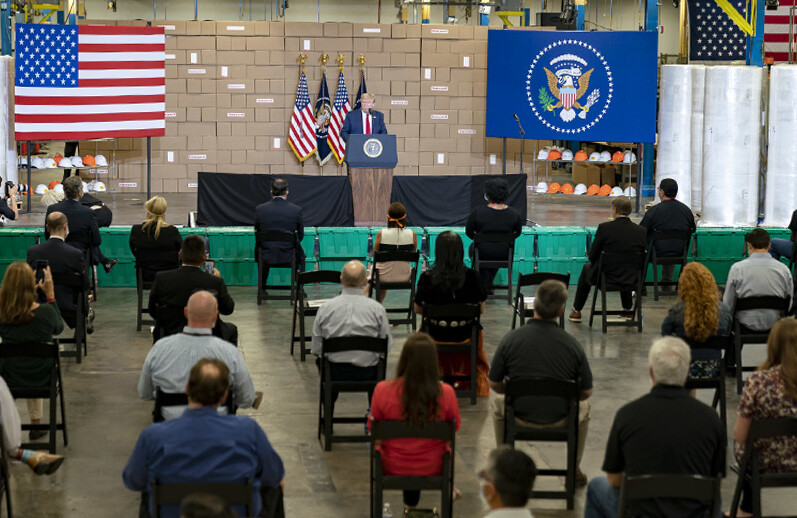 President Trump at Honeywell International Inc., Phoenix, AZ, May 5, 2020. <br>CREDIT: <a href=https://www.flickr.com/photos/whitehouse/49863033943/>Shealah Craighead/White House/Public Domain</a>.