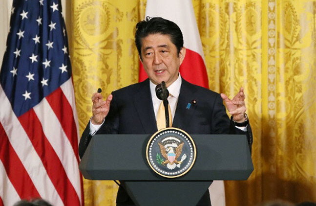 Japanese Prime Minister Shinzō Abe at the White House, February 10, 2017. CREDIT: <a href="http://japan.kantei.go.jp/97_abe/actions/201702/10article1.html">Government of Japan</a> <a href="https://creativecommons.org/licenses/by/4.0/">(CC)</a>