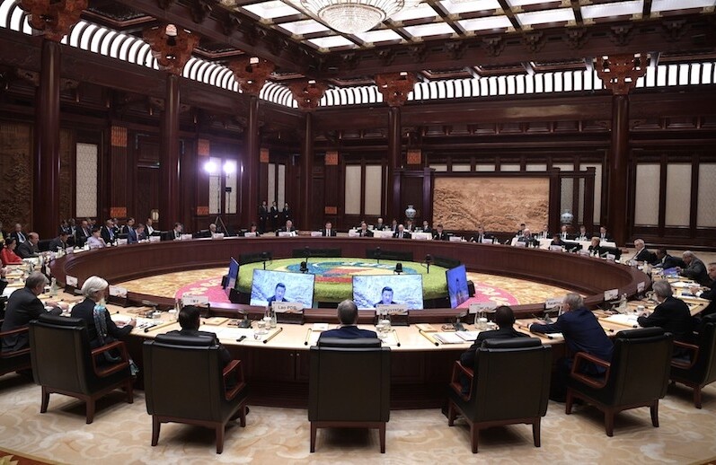 Meeting of leaders at the Belt and Road International Forum, May 2017, Beijing. CREDIT: <a href="https://commons.wikimedia.org/wiki/File:Roundtable_meeting_of_leaders_at_Belt_and_Road_international_forum.jpg"> Russian Presidential Press & Information Office (CC)</a>