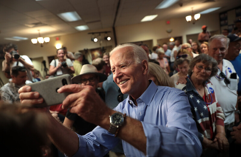 Joe Biden in Iowa, July 2019. CREDIT: <a href="https://commons.wikimedia.org/wiki/File:Joe_Biden_with_supporters_-_48243819806.jpg">Gage Skidmore/(CC)</a>