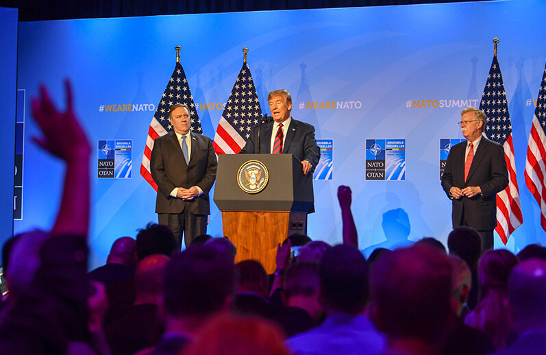 Secretary of State Pompeo & President Trump at NATO headquarters, Brussels, Belgium, July 2018. CREDIT: <a href=https://commons.wikimedia.org/wiki/File:Secretary_Pompeo_Participates_in_Press_Conference_With_President_Trump_at_NATO_(42456753975).jpg>U.S. Department of State (CC)</a>