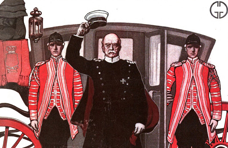Otto von Bismarck, by George Gibbs. Cover of "Saturday Evening Post" Magazine, 1903. <a href="https://commons.wikimedia.org/wiki/File:Saturday_evening_post_1903_11_28_a.jpg">Public domain</a>.