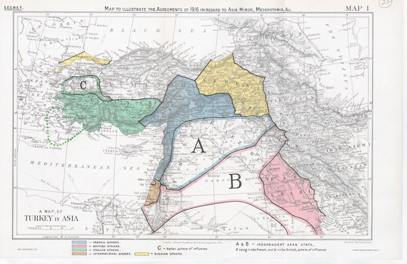 Ottoman Empire map with partitions, part of the memoranda for the 1919 Paris Peace Conference. CREDIT: <a href="https://commons.wikimedia.org/wiki/File:Peace-conference-memoranda-respecting-syria-arabia-palestine5.jpg">Stanfords Geographical Establishment London/Public Domain</a>