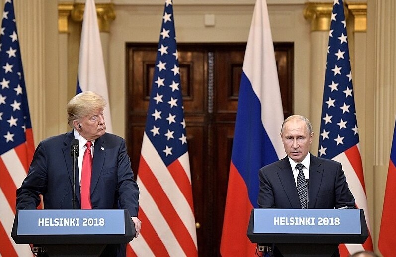 Donald Trump and Vladimir Putin in Helsinki. July 16, 2018. CREDIT: <a href="https://commons.wikimedia.org/wiki/File:Vladimir_Putin_%26_Donald_Trump_in_Helsinki,_16_July_2018_(6).jpg">Kremlin.ru (CC)</a>