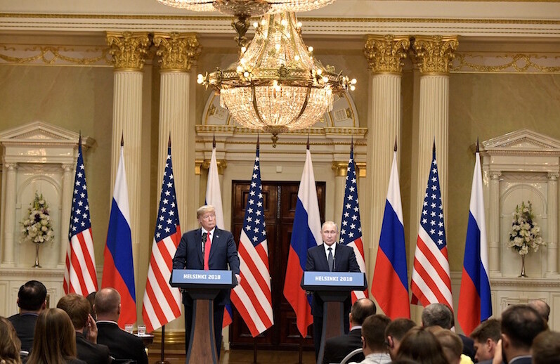 Donald Trump & Vladimir Putin in Helsinki, Finland, July 16, 2018. CREDIT: <a href="https://commons.wikimedia.org/wiki/File:Vladimir_Putin_%26_Donald_Trump_in_Helsinki,_16_July_2018_(7).jpg">Kremlin.ru (CC)</a>.