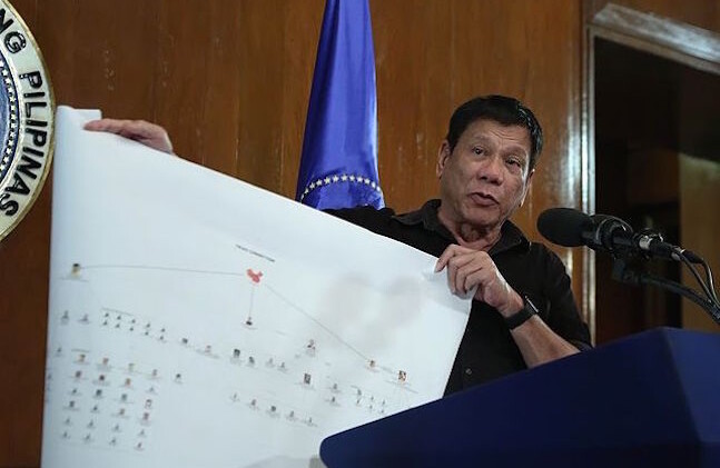 Filipino President Rodrigo Duterte with a chart illustrating the drug trade network, July 2016. CREDIT: <a href="http://bit.ly/2bW3D42">King Rodriguez/Wikimedia</a>