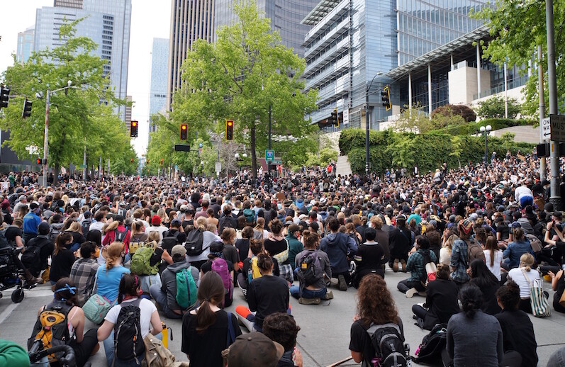 Protesters stage a sit-in at Seattle City Hall, June 3, 2020. CREDIT: <a href="https://commons.wikimedia.org/wiki/File:George_Floyd_protests_in_Seattle_-_June_3,_2020_-_Sit-in_at_Seattle_City_Hall_02.jpg">SounderBruce (CC)</a>.
