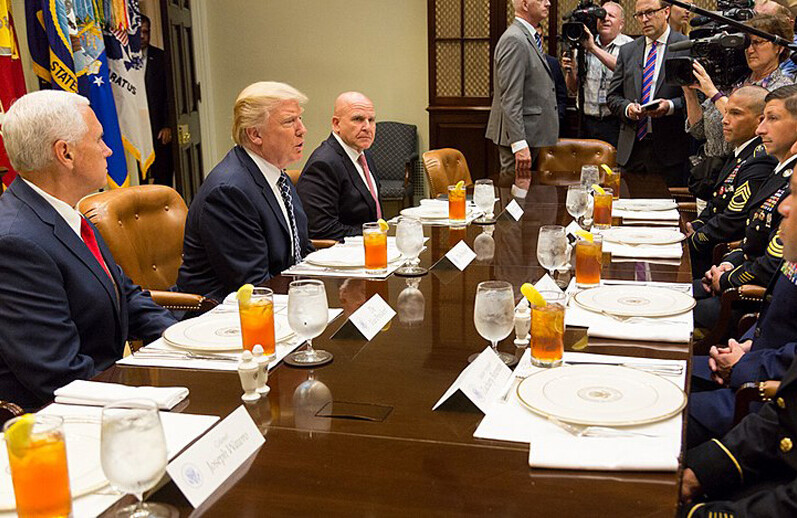 Vice Pres. Pence, Pres. Trump, National Security Adviser McMaster with U.S. military members, July 2017. CREDIT: <a href="https://commons.wikimedia.org/wiki/File:Trump_Pence_McMaster_Lunch_Service_Members_18_July_2017-2.jpg">White House/Shealah Craighead</a>