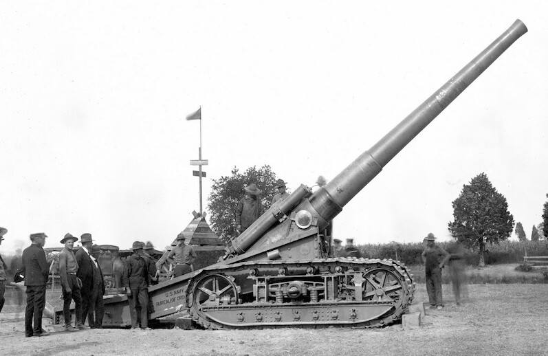 First gun fired at Naval Weapons Station Dahlgren, Virginia, 1918. CREDIT: <a href="https://commons.wikimedia.org/wiki/File:US_tractor-mounted_gun_in_1918.jpg">U.S. Navy/Public Domain</a>