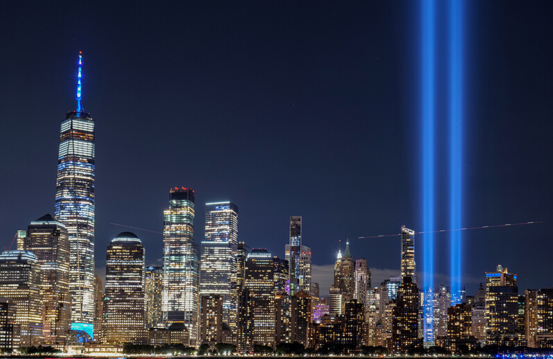 "Tribute in Light" commemorative art installation, September 11, 2020. CREDIT: <a href="https://flickr.com/photos/wasabi_bob/50342448667/">Wasabi Bob</a> <a href="https://creativecommons.org/licenses/by-nc-nd/2.0/">(CC)</a>.
