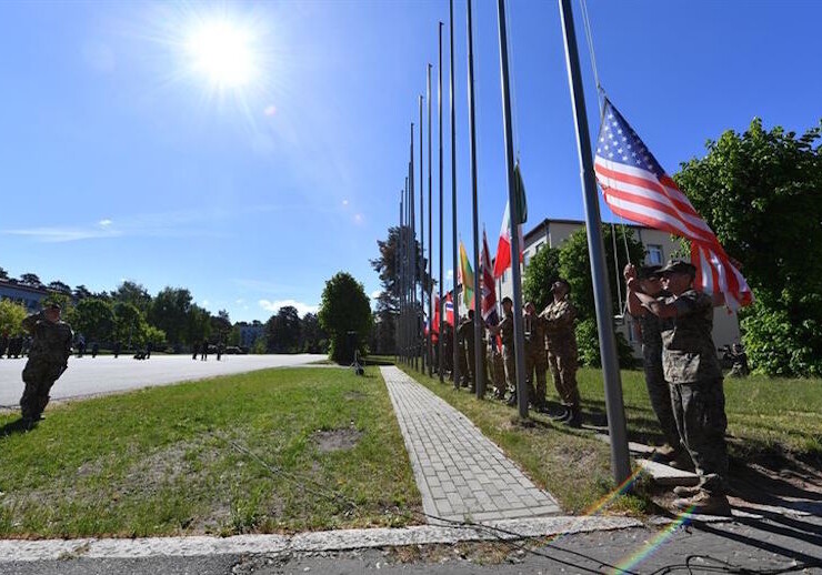 U.S. and NATO military members, Adazi Military Base, Latvia, June 2017. CREDIT: <a href-"http://www.ramstein.af.mil/News/Article-Display/Article/1228559/us-nato-wrap-up-saber-strike-17/">U.S Air Force/Senior Airman Tryphena Mayhugh</a>