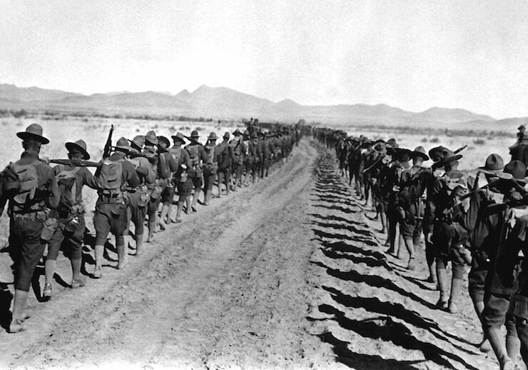 Pancho Villa Expedition. Column of 6th and 16th Infantry, between Corralitos Rancho and Ojo Federico, January 1917. <br>CREDIT: <a href="https://commons.wikimedia.org/wiki/File:Pancho_Villa_Expedition_-_Infantry_Columns_HD-SN-99-02007.JPEG">C. Tuckber Beckett/U.S. Department of Defense/Public Domain</a>