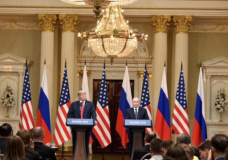 Donald Trump & Vladimir Putin in Helsinki, Finland, July 16, 2018. CREDIT: <a href="https://commons.wikimedia.org/wiki/File:Vladimir_Putin_%26_Donald_Trump_in_Helsinki,_16_July_2018_(7).jpg">Kremlin.ru (CC)</a>.