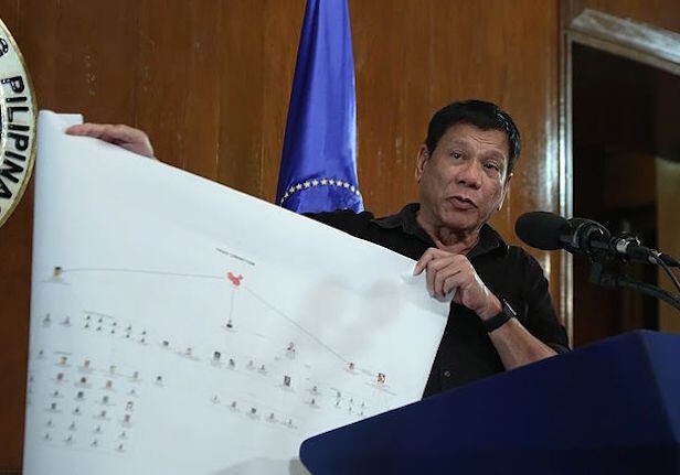 Filipino President Rodrigo Duterte with a chart illustrating the drug trade network, July 2016. CREDIT: <a href="http://bit.ly/2bW3D42">King Rodriguez/Wikimedia</a>