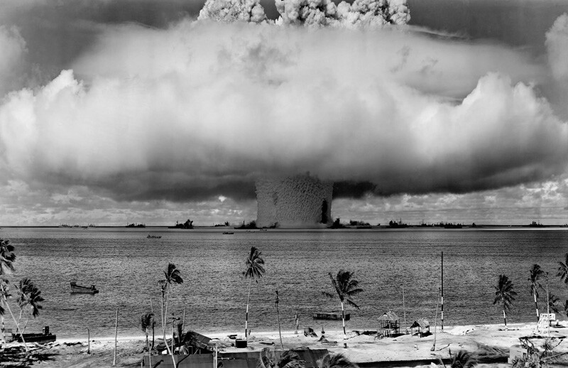 "Baker" explosion, part of U.S. military's Operation Crossroads. Bikini Atoll, Micronesia, July 1946. CREDIT: <a href="https://commons.wikimedia.org/wiki/File:Operation_Crossroads_Baker_Edit.jpg">U.S. Deptartment of Defense</a>