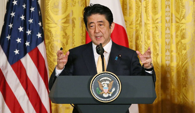 Japanese Prime Minister Shinzō Abe at the White House, February 10, 2017. CREDIT: <a href="http://japan.kantei.go.jp/97_abe/actions/201702/10article1.html">Government of Japan</a> <a href="https://creativecommons.org/licenses/by/4.0/">(CC)</a>