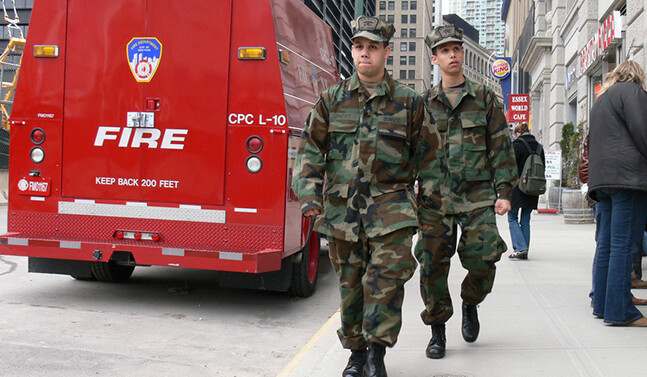 The Army patrols the World Trade Center footprint. CREDIT: <a href="http://www.flickr.com/photos/todderick42/453312457/" target="_blank">Todd Page (CC)</a>