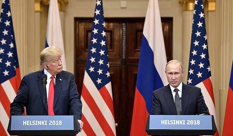 Donald Trump and Vladimir Putin in Helsinki. July 16, 2018. CREDIT: <a href="https://commons.wikimedia.org/wiki/File:Vladimir_Putin_%26_Donald_Trump_in_Helsinki,_16_July_2018_(6).jpg">Kremlin.ru (CC)</a>